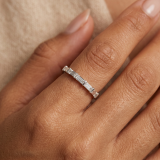 Model wearing Platinum 0.51ct Baguette Diamond Half Set Eternity Ring - Sonny's Jewellers