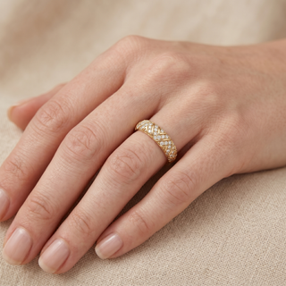 Model wearing 18K Yellow Gold Domed Pattern Diamond Ring - Sonny's Jewellers