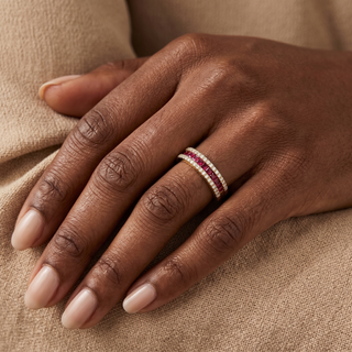 Model wearing 9K Yellow Gold Synthetic Ruby Ring - Sonny's Jewellers