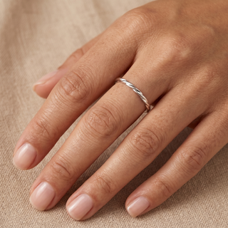 Model wearing 9K White Gold Twist Stacking Ring - Sonny's Jewellers