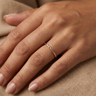 Model wearing 9K Rose Gold Slim DC Stacking Ring - Sonny's Jewellers