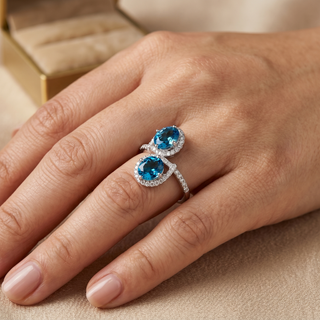 Model wearing 9K White Gold Blue Topaz & Diamond Ring - Sonny's Jewellers