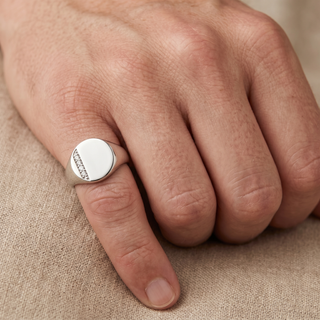 Model wearing 9K White Gold Mens Diamond Signet Ring - Sonny's Jewellers