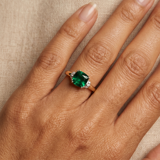 Model wearing 9K Yellow Gold Synthetic Emerald Ring - Sonny's Jewellers