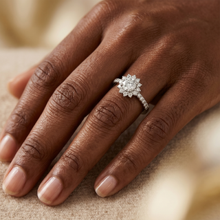 Model wearing 18K White Gold 0.77ct Round Brilliant Cut Diamond Halo Ring - Sonny's Jewellers