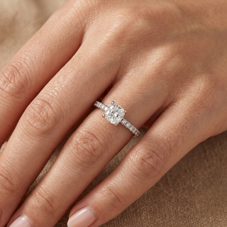 Model wearing Platinum Cushion Cut Diamond Ring - Sonny's Jewellers