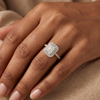 Model wearing 18K Yellow Gold 1.12ct Radiant Double Halo Ring - Sonny's Jewellers
