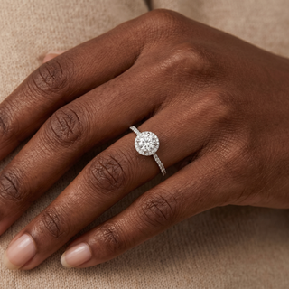 Model wearing Platinum 0.48ct Diamond Halo Engagement Ring - Sonny's Jewellers