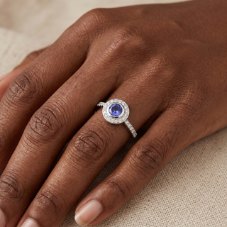 Model wearing 9K White Gold Tanzanite & Diamond Ring - Sonny's Jewellers
