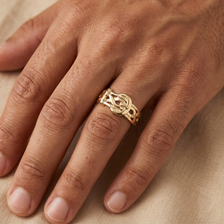 Model wearing 9K Yellow Gold Buckle Ring - Sonny's Jewellers
