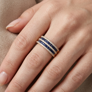Model wearing 9K Yellow Gold Synthetic Blue Sapphire Ring - Sonny's Jewellers