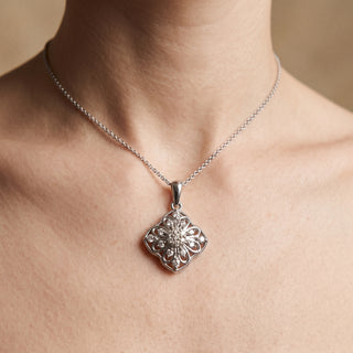 Model wearing 9K White Gold 0.18ct Diamond Filigree Pendant - Sonny's Jewellers