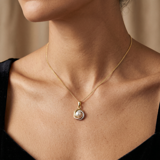 Model wearing 9K 3-Colour Gold Freshwater Pearl Knot Pendant - Sonny's Jewellers