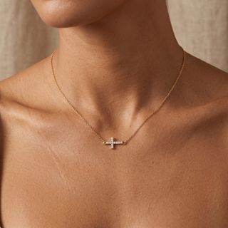 Model wearing 9K Yellow Gold Cubic Zirconia Cross Necklace - Sonny's Jewellers