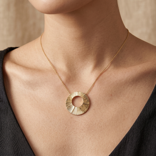 Model wearing 9K Yellow Gold Sunray Disc Necklace - Sonny's Jewellers