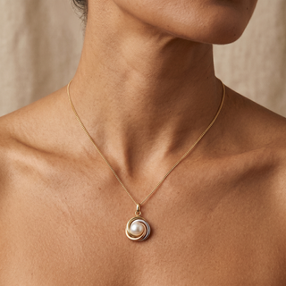 Model wearing 9K 3-Colour Gold Freshwater Pearl Knot Pendant - Sonny's Jewellers