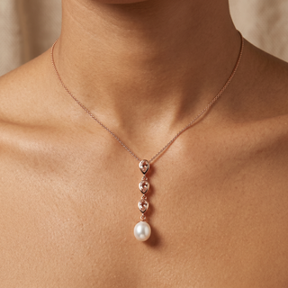 Model wearing 9K Rose Gold Morganite & Pearl Pendant - Sonny's Jewellers