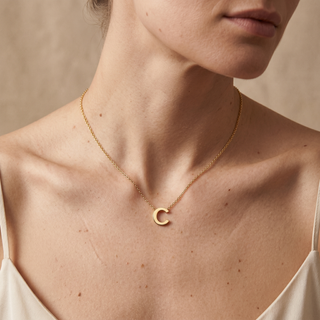 Model wearing 9K Yellow Gold C Initial Adjustable Necklace - Sonny's Jewellers