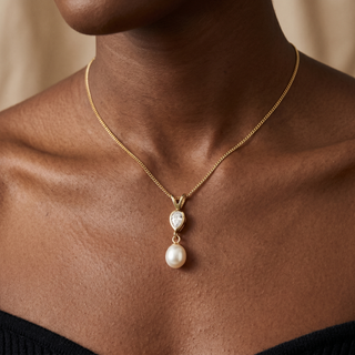 Model wearing 9K Yellow Gold Freshwater Pearl & CZ Pendant - Sonny's Jewellers