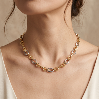 Model wearing 9K 2 Colour Gold Oval & Round Link Necklace - Sonny's Jewellers