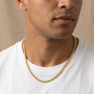 Model wearing 9K Yellow Gold Flat Woven Chain - Sonny's Jewellers