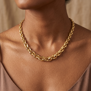 Model wearing 9K Yellow Gold Plaited Woven Link Necklace - Sonny's Jewellers