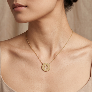 Model wearing 9K Yellow Gold Compass Necklace - Sonny's Jewellers