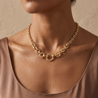 Model wearing 9K Yellow Gold Twisted & Polished Ring Centre Necklace - Sonny's Jewellers