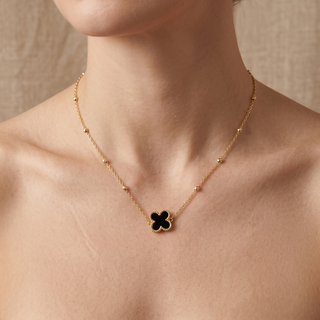 Model wearing 9K Yellow Gold Onyx Petal Necklace - Sonny's Jewellers