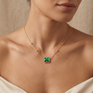 Model wearing 9K Yellow Gold Malachite Petal Necklace - Sonny's Jewellers