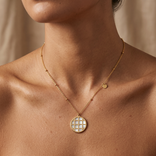 Model wearing 9K Yellow Gold Mother Of Pearl Basket Necklace - Sonny's Jewellers
