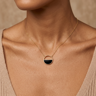 Model wearing 9K Yellow Gold Onyx Half Circle Necklace - Sonny's Jewellers