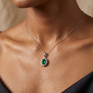 Model wearing 9K White Gold Emerald & Diamond Pendant - Sonny's Jewellers