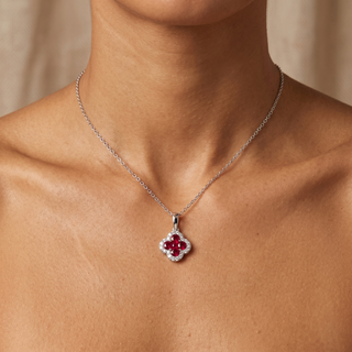 Model wearing 18K White Gold Ruby & Diamond Clover Necklace - Sonny's Jewellers