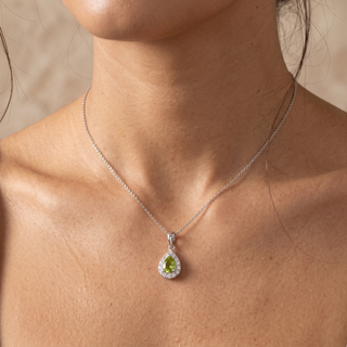 Model wearing 9K White Gold Peridot & Diamond Pendant - Sonny's Jewellers