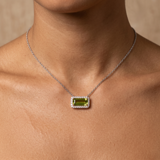 Model wearing 9K 2-Colour Gold Peridot & Diamond Necklace - Sonny's Jewellers