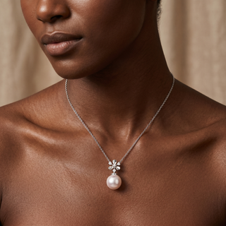 Model wearing 18K White Gold Akoya Pearl & Diamond Floral Necklace - Sonny's Jewellers