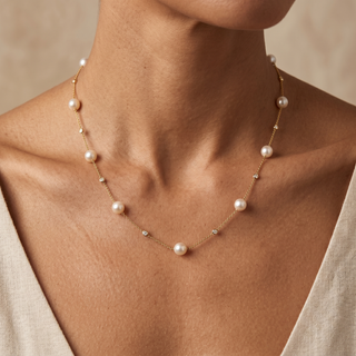 Model wearing 9K Yellow Gold Freshwater Pearl & Diamond Chain Necklace - Sonny's Jewellers