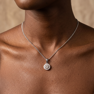 Model wearing 9K White Gold 0.20ct Diamond Halo Pendant - Sonny's Jewellers