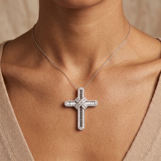 Model wearing 9K White Gold 1.99ct Diamond Cross Pendant - Sonny's Jewellers
