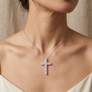 Model wearing 18K White Gold 1.65ct Diamond Cross Pendant - Sonny's Jewellers