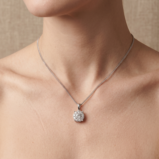 Model wearing 18K White Gold 0.46ct Diamond Halo Pendant - Sonny's Jewellers