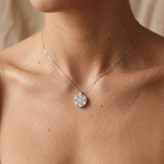 Model wearing 9K White Gold Diamond Cluster Pendant - Sonny's Jewellers