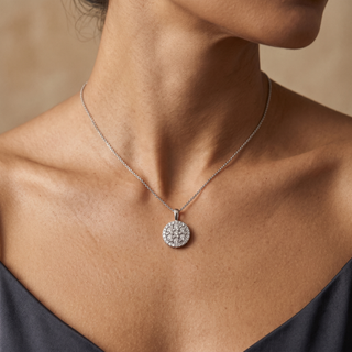 Model wearing 9K White Gold Diamond Cluster Pendant - Sonny's Jewellers