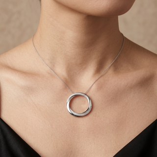 Model wearing 18K White Gold Diamond Set Circle Pendant - Sonny's Jewellers