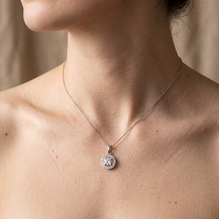 Model wearing 9K White Gold Diamond Halo Pendant - Sonny's Jewellers