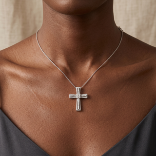 Model wearing 18K White Gold 1.04ct Diamond Cross Pendant - Sonny's Jewellers