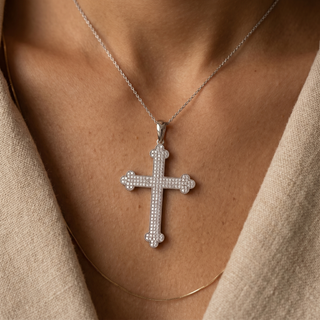 Model wearing 14K White Gold 0.33ct Diamond Cross Pendant - Sonny's Jewellers