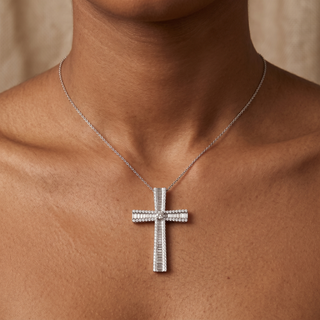 Model wearing 9K White Gold 1.78ct Diamond Cross Pendant - Sonny's Jewellers