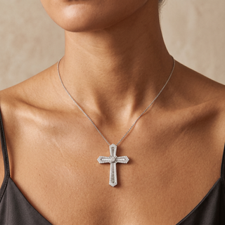 Model wearing 9K White Gold 1.70ct Diamond Cross Pendant - Sonny's Jewellers